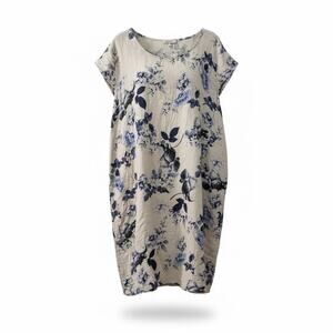 Lungo L’arno Linen Blue Off White Floral Short Sleeve Dress Size 1X